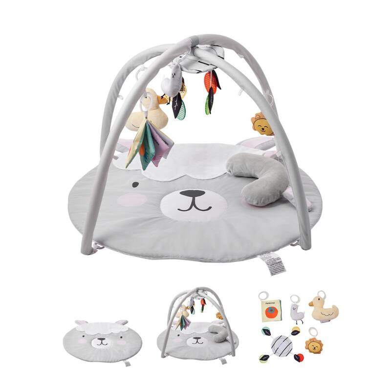 Grey Multi-Functional Soft Plush Fabric Baby Play Mat with Tummy Time Pillow and 5 Sensory Toys - 39.1” x 32.7” x 21.7”