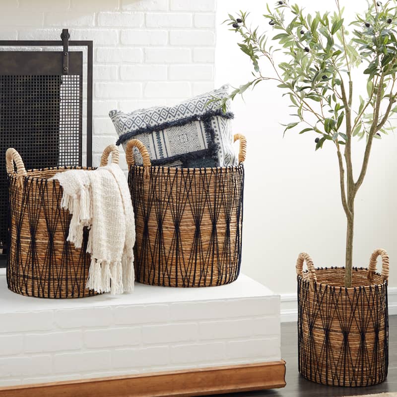 Brown Banana Leaf Handmade String Detail Decorative and Functional Storage Basket with Handles (Set of 3)