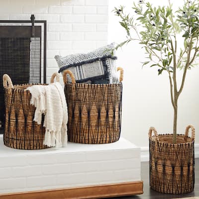 Brown Banana Leaf Handmade String Detail Decorative and Functional Storage Basket with Handles (Set of 3)