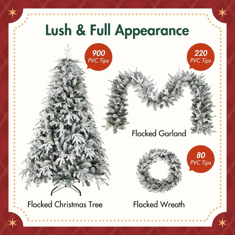 Xmas Snow Garland and Snow Xmas Tree, 3 Pac Snowy Flocked Christmas Decor with LED Lights,9ft Flocked Garland,6ft Flocked Tree