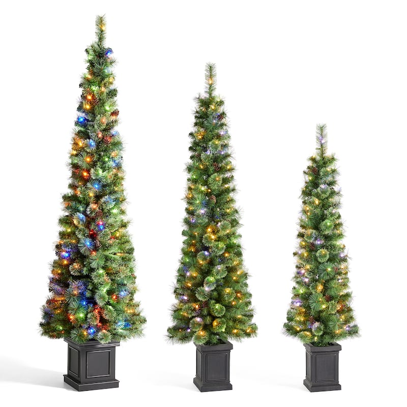 Glitzhome Set of 3 Pre-Lit Green Cashmere Pine Christmas Tree in Planter Artificial Decoration 5FT/6FT/7FT