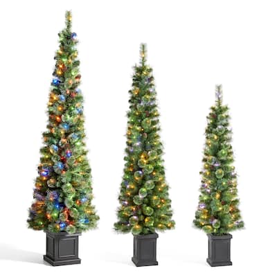 Glitzhome Set of 3 Pre-Lit Green Cashmere Pine Christmas Tree in Planter Artificial Decoration 5FT/6FT/7FT