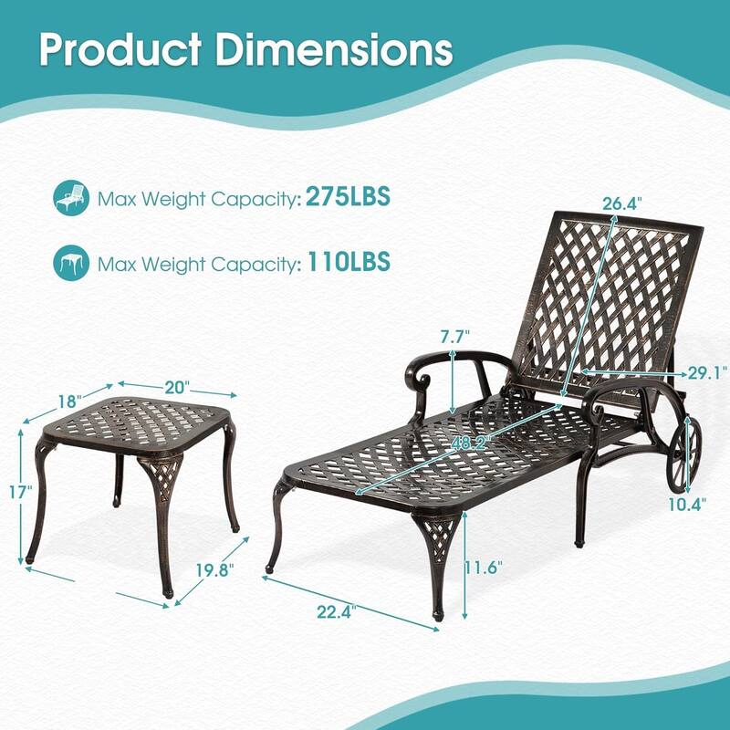 HOMEFUN Aluminum Outdoor Waterproof Chaise Lounge Chair with Adjustable Backrest and Wheels