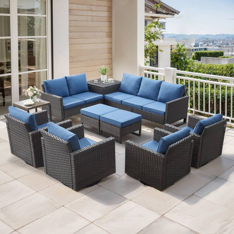 Gymojoy 9 Person Outdoor Patio Wicker Family Conversation Set Group With Swivel Chairs And Storage