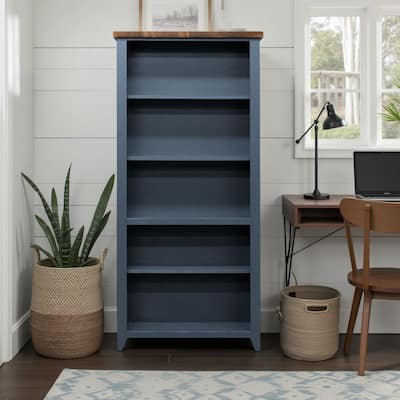 Bridgevine Home Nantucket 72 inch high 5-shelf Bookcase, No Assembly Required, Blue Denim and Whiskey Finish