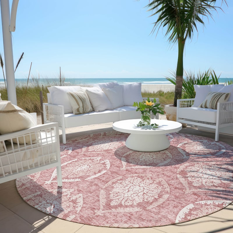 Machine Washable Indoor/ Outdoor Chantille Traditional Damask Rug - Pink - 8' x 8'