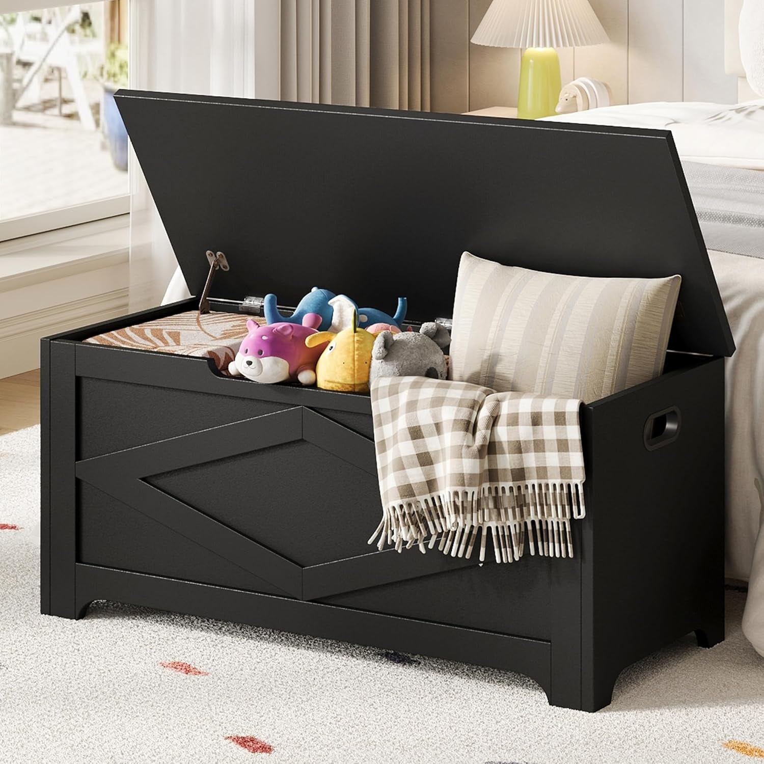 39.4" Storage Chest, Wooden Storage Bench with Safety Hinges, Easy Assembly, Large Toy Chest for Entryway