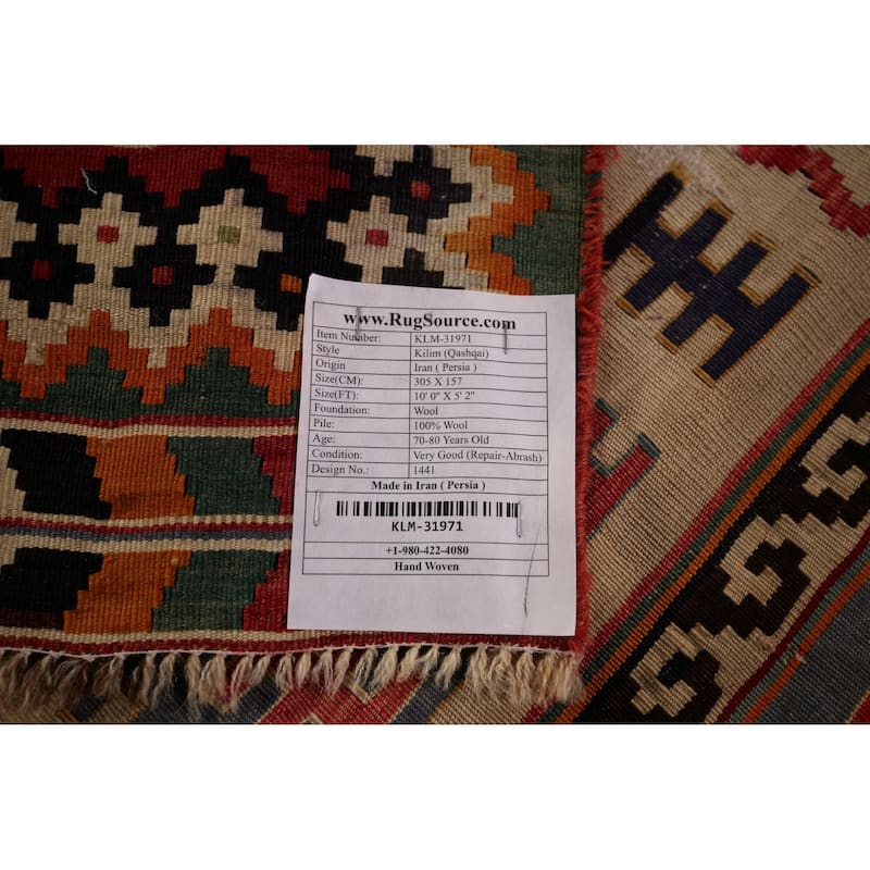 Vegetable Dye Kilim Qashqai Persian Antique Rug Flatweave Wool Carpet - 5'2" X 10'0"
