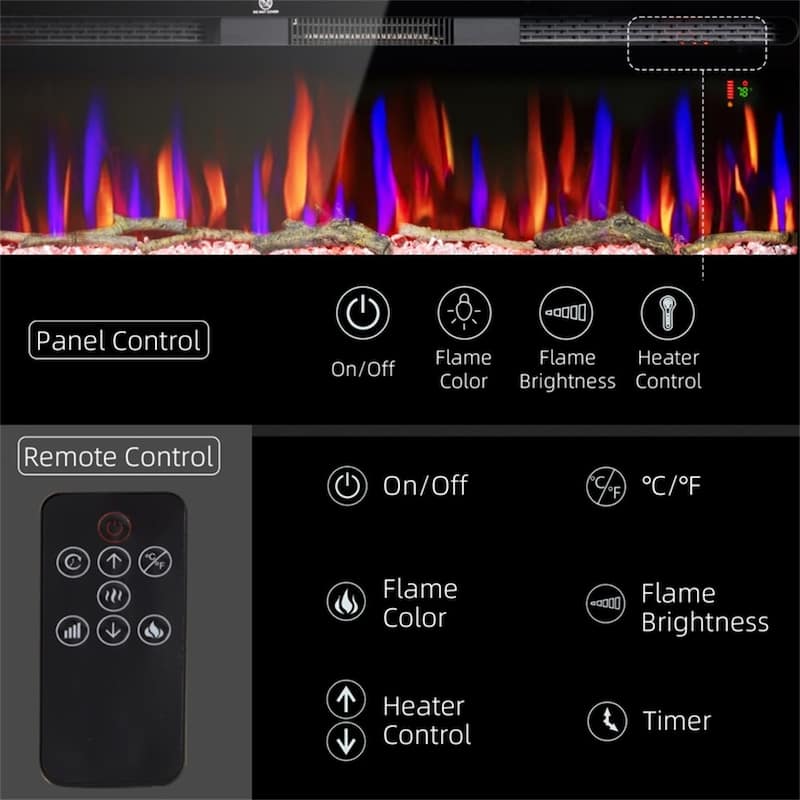 Black Wall-Mount Electric Fireplace 50" with Remote and Recessed Design Adjustable Flame & Heater