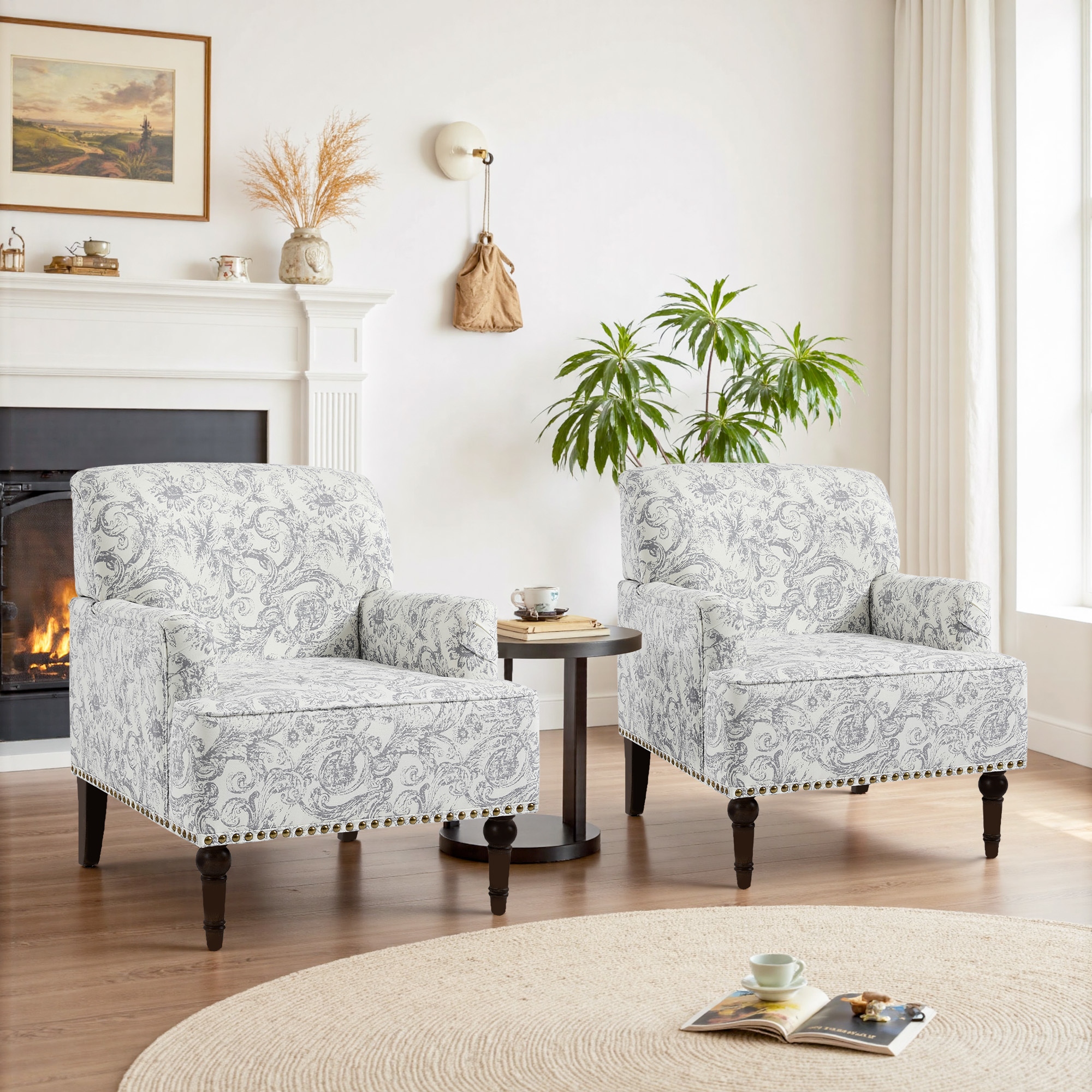 2 Set Upholstered Accent Chairs Nailhead Trim Armchairs