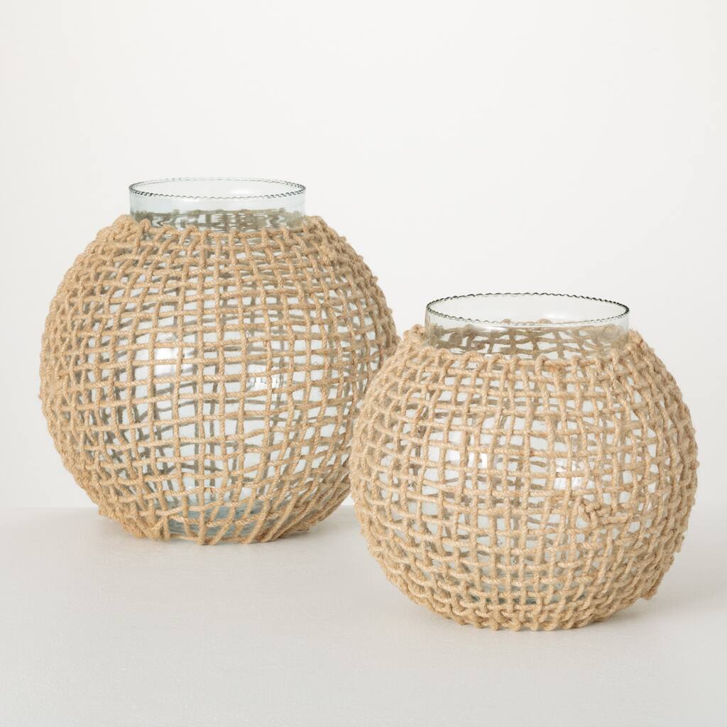 9.25"H Sullivans Woven Rattan And Glass Vases Set of 2, Natural - 10.25"L x 10.25"W x 9.25"H, 11"L x 11"W x 12.5"H