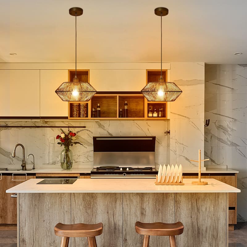 1-Light Modern Semi Flush Mount Chandelier, Handmade Rattan Hanging Pendant Light for Kitchen Island - W12.59"x H5.7"
