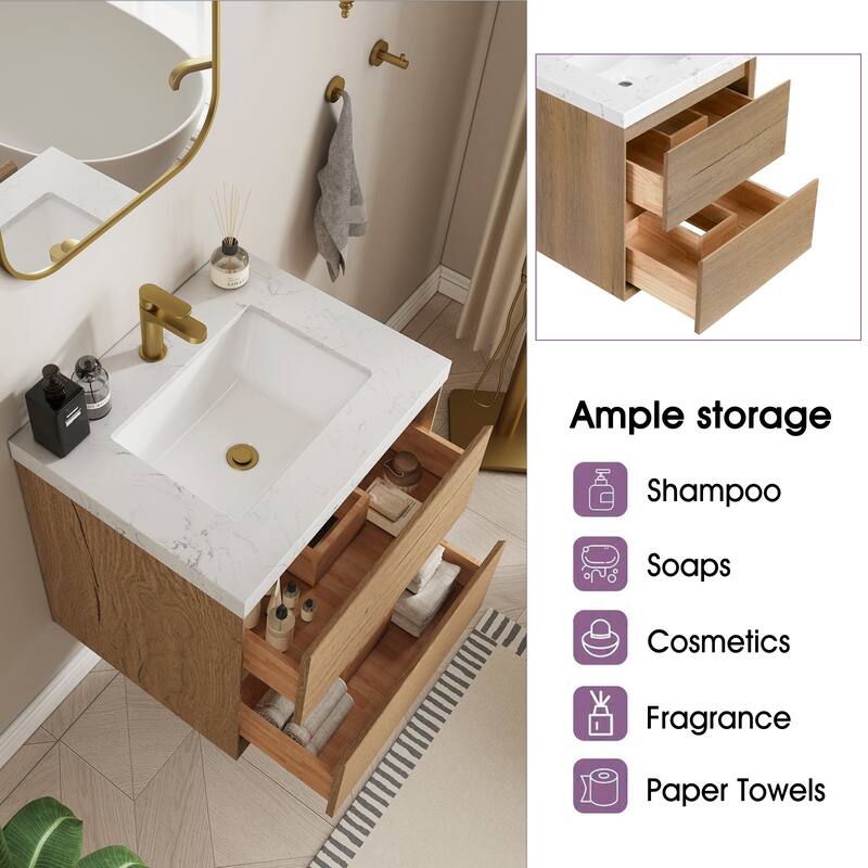 Sylphar 24 inch Bathroom Vanity with Sink, Floating Oak Cabinet with Stone Top