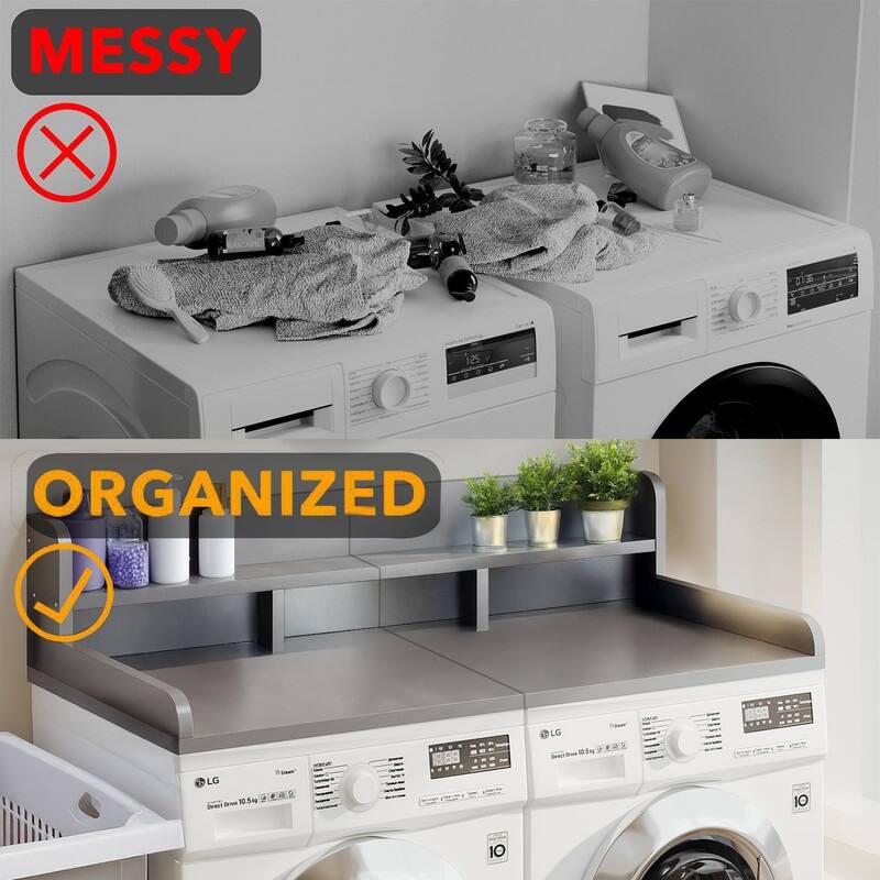 2-Tier Washer Dryer Countertop, 54" W x 27.5" D Laundry Countertop for Folding Clothes, Dual Storage & Edge Guard