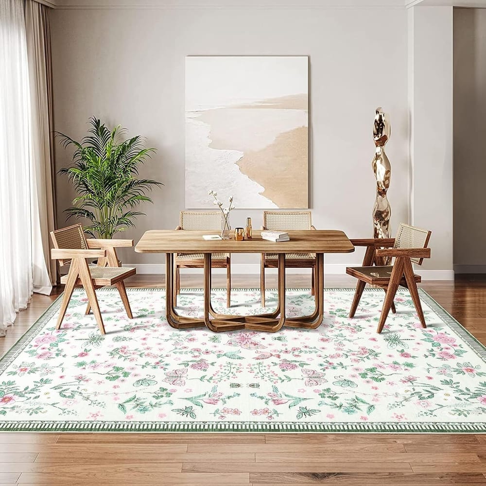 Modern Floral Machine Washable Indoor Waterproof Area Rug for Bedroom, Living Room, Pink - 2' x 3'