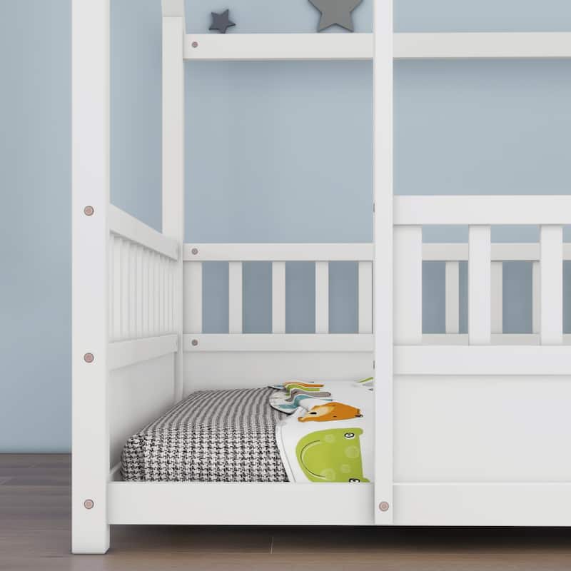 Full Size Floor Wooden Bed with House Roof Frame