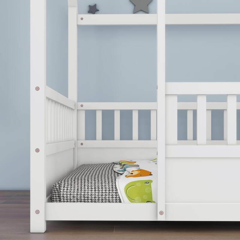 Kids Twin/Full House Bed with Roof Frame, Floor Bed with Fence Guardrails