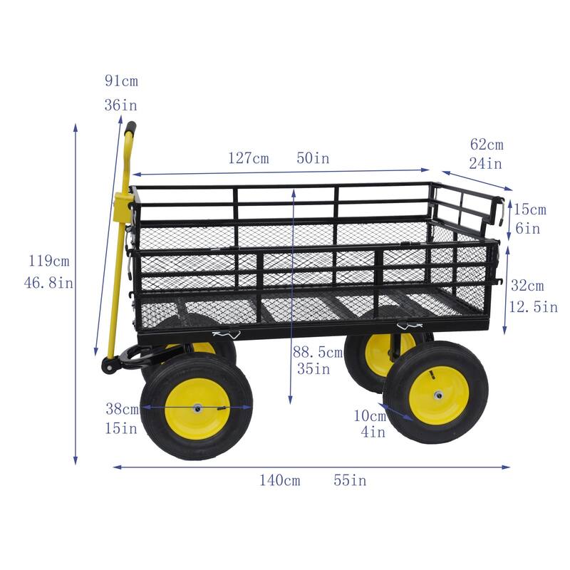 Large multifunctional cart with 880 lbs capacity and pneumatic tires, suitable for farms and lawns.