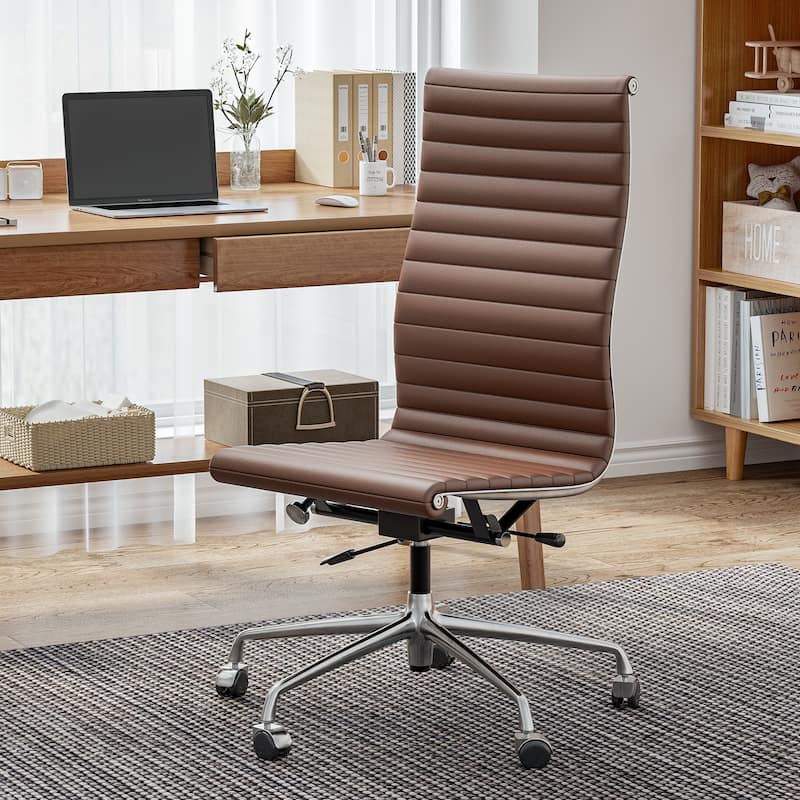 Mid Century Top Grain Leather Ergonomic Armless Office Swivel Chair - Brown High Back