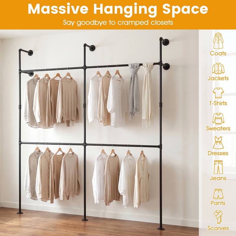 Gymax Industrial Pipe Clothing Rack Wall Mounted Heavy-Duty Metal