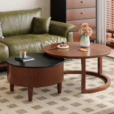 Vintage Round Nesting Coffee Table with Fluted Drawer - Black & Walnut, 31.5"‌.