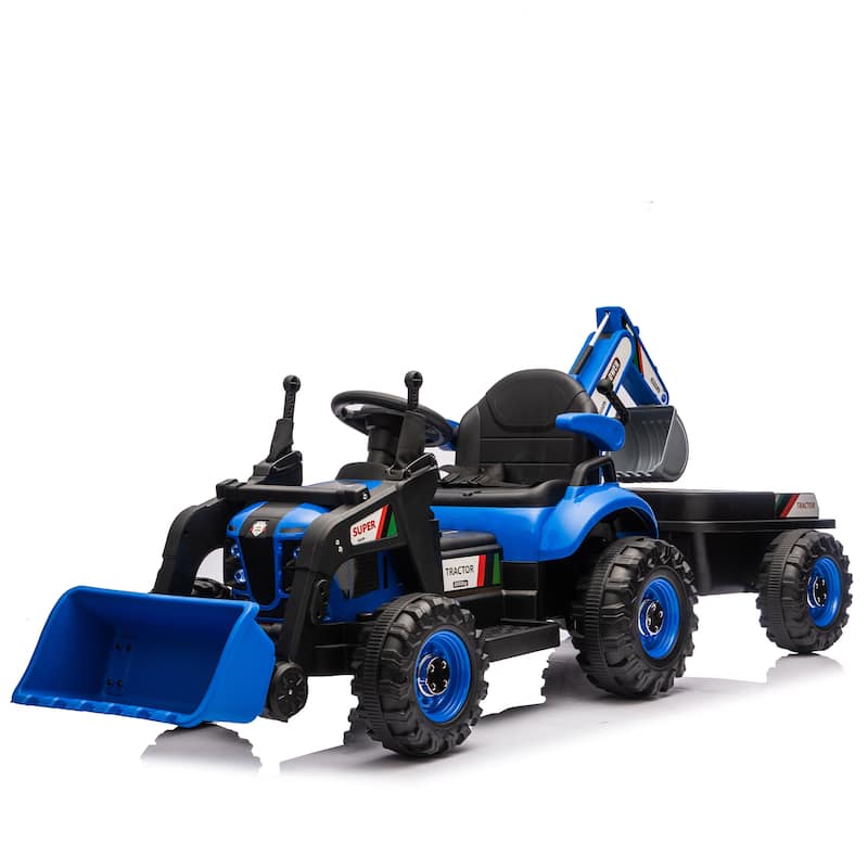 24V Kids Electric Ride-On Tractor Toy with 4-in-1 Attachments, Remote Control & Music - Blue