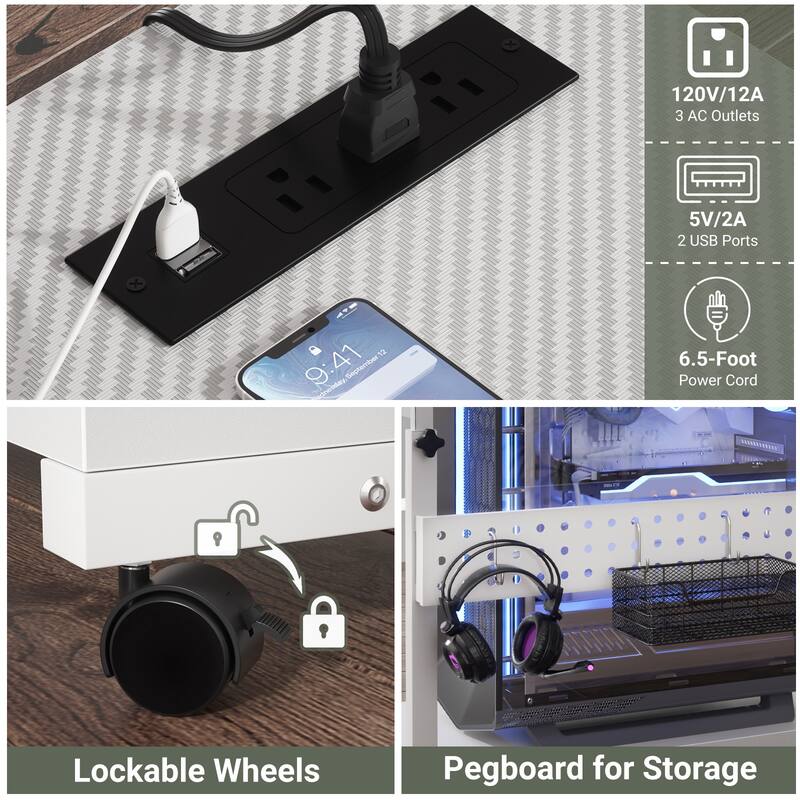 Rolling Computer Stand with Charging Station, Height Adjustable CPU Holder