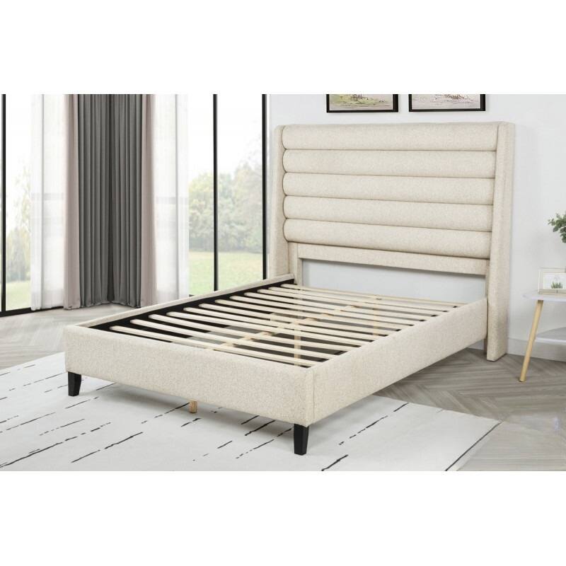 Upholstered Queen Platform Bed with Rolled Channel Tufted Headboard, Beige