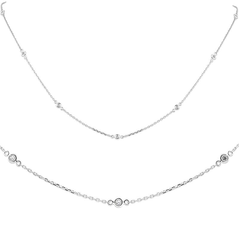 1/4ct Diamonds Bezel Station Necklace 18" White Gold Womens