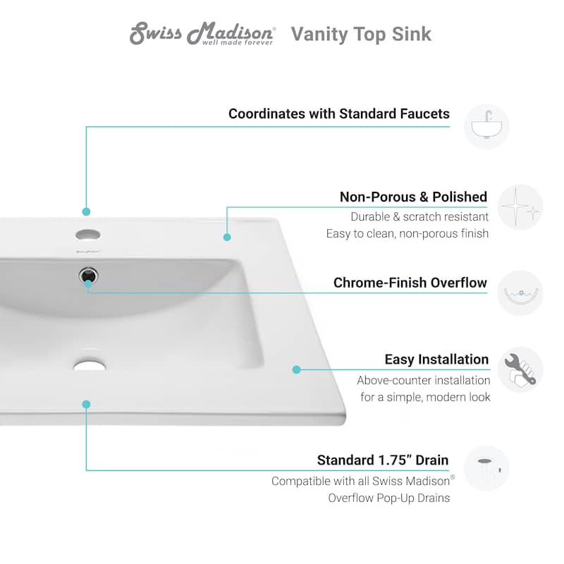 Swiss Madison Ceramic Vanity Top 24" with Single Faucet Hole