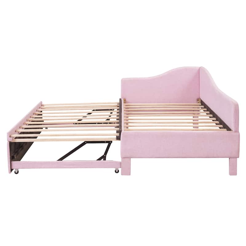 Twin Size L-Shaped Upholstered Daybed with Pop-Up Trundle in Pink