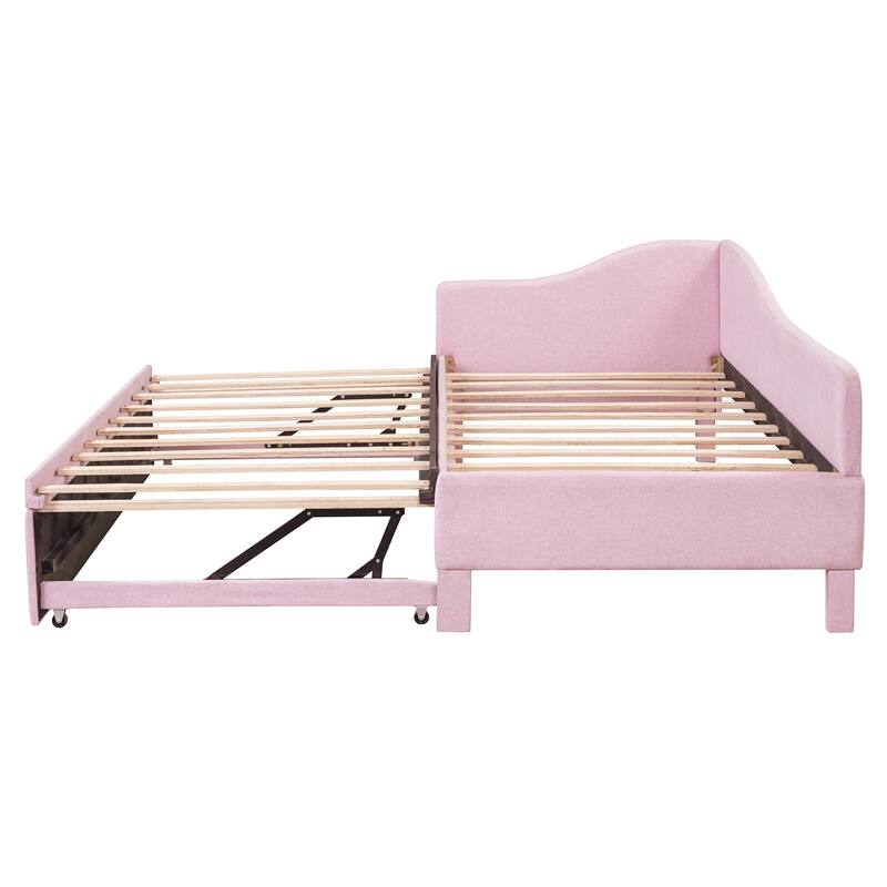 Twin Size L-Shaped Upholstered Daybed with Pull-Out Trundle, Linen Fabric, Convertible to Irregular King