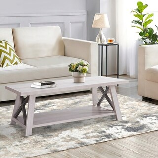 Tess 47 Inch Farmhouse Coffee Table 1 Shelf Wood White Oak Washed Grey