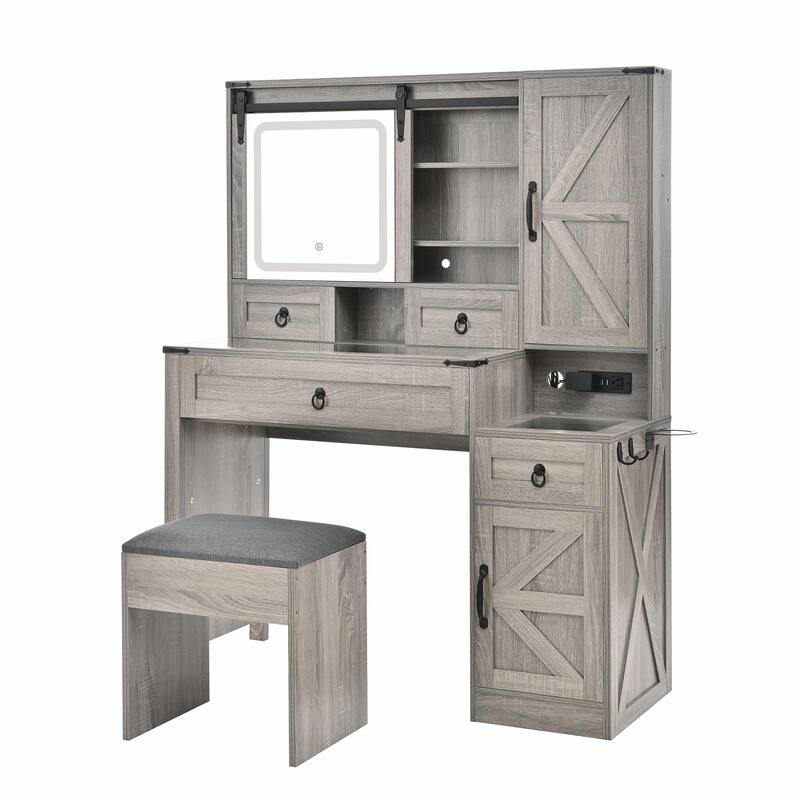 Farmhouse Vanity Desk with Sliding Mirror & Lights, Glass Top Vanity Set