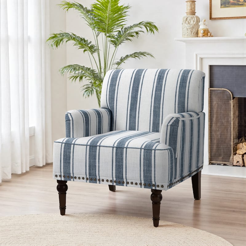Stripe Linen Accent Arm Chair with Nailhead Trim and Wood Legs - DARK BLUE