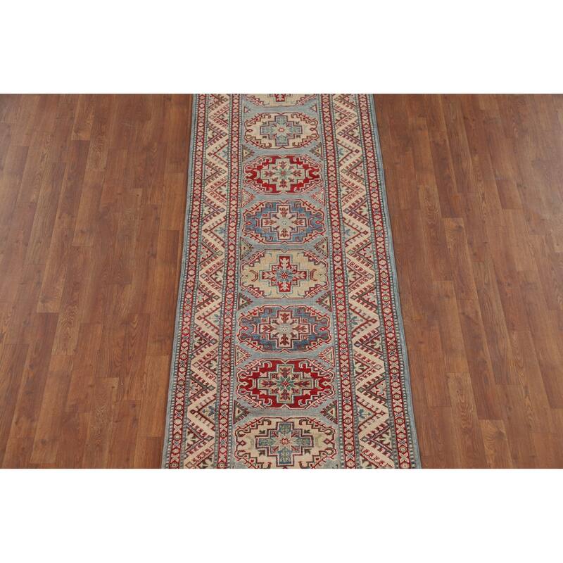 Light Blue Kazak Runner Rug Handmade Oriental Wool Carpet - 2'9" x 12'3"