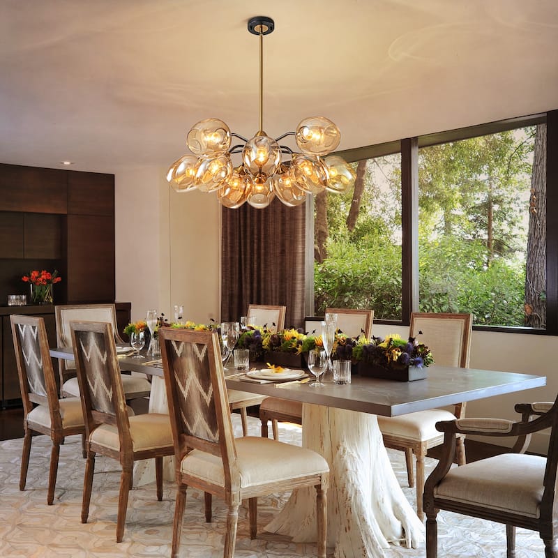 Modern Glam 10-Light Cluster Amber Glass Chandelier - Brass