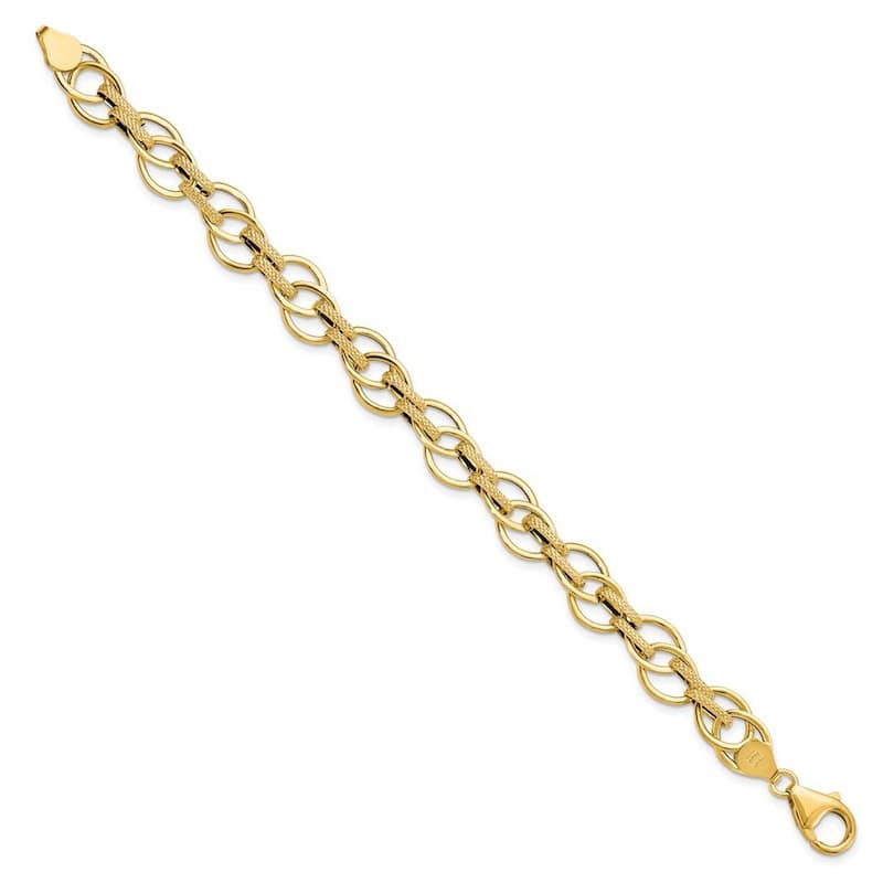 Curata 11mm 14k Yellow Gold Polished and Textured Fancy Link Bracelet 7.5 Inch