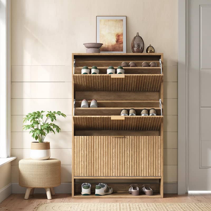 31.5''W Shoe Storage Cabinet for Entryway with 3 Flip Drawers, Fluted Slim Shoe Cabinet for Foyer, Hallway