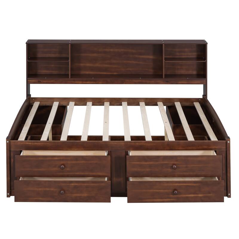 Full Size Captain Bed w/Built-in Storage Shelves, 4 Drawers and 2 Cabinets, Wooden Storage Bed and Low-Platform Bed for Bedroom