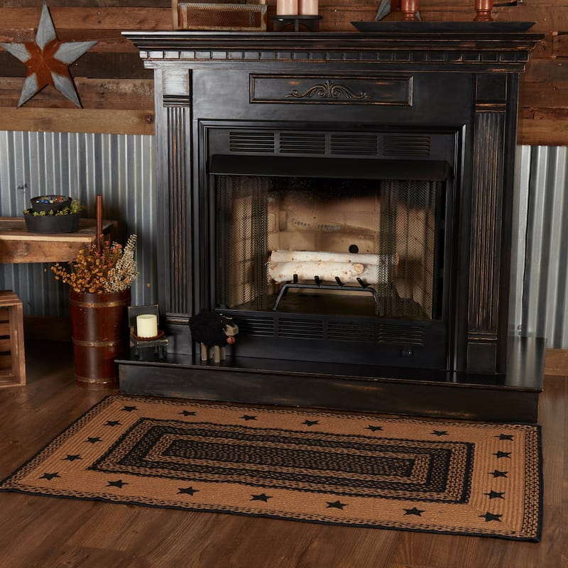 Farmhouse Jute Rug Rect Stencil Stars Border w/ Pad 36x60 - 3' x 5' - 3' x 5' - Black