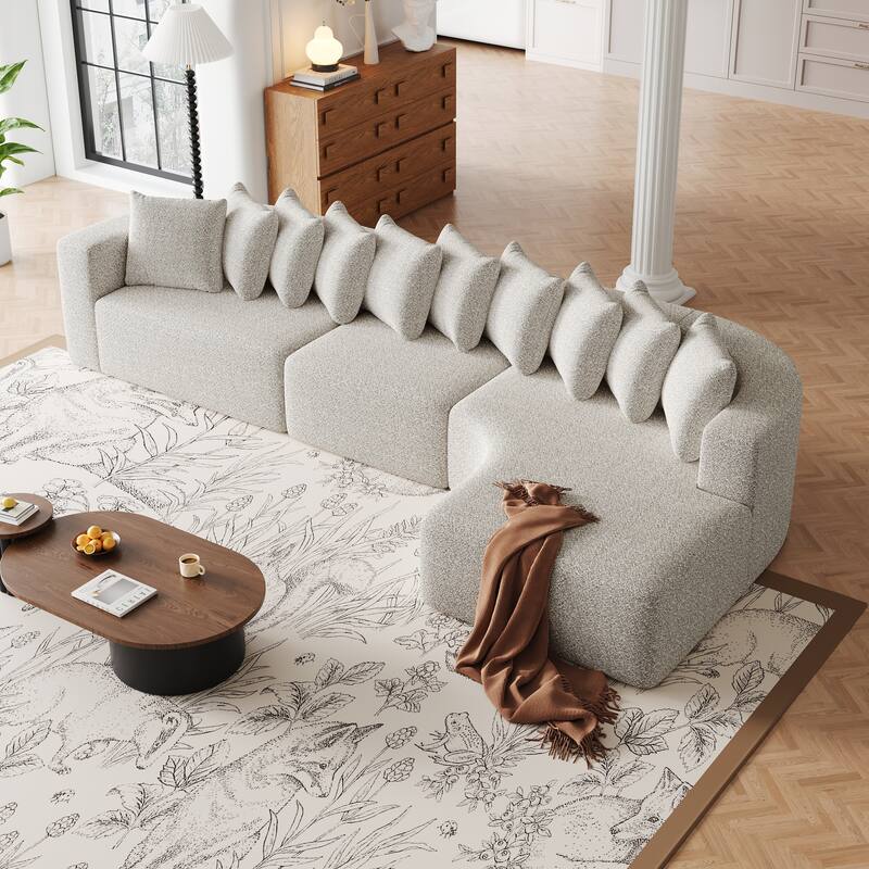 Living Room Chenille Corner Couch Curved Sectional Sofa with Chaise and 10 Pillows, Floor Standing Modular Compressed Sofa - Beige
