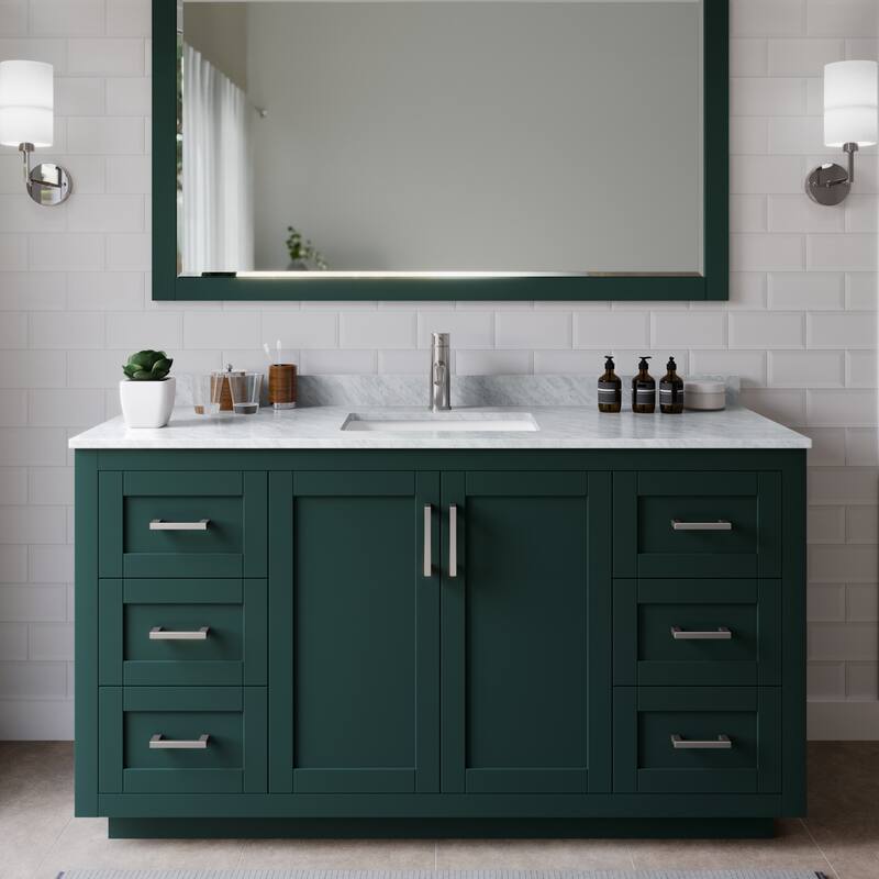 Wyndham Collection Miranda 60" Free Standing Single Basin Vanity Set - Green / White Carrara Marble Top / Brushed Nickel