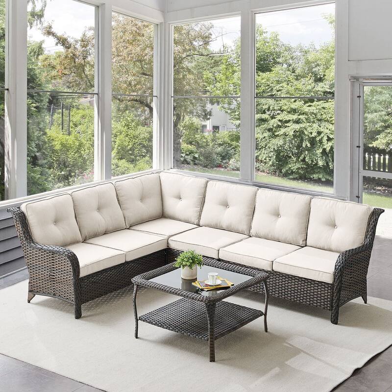 Gymojoy 6-seats L-Shaped Outdoor Corner Sectional Sofa Couch Conversation Set - 2-Piece - Sectional Sofa & Coffee Table - Brown Wicker / Beige Cusion