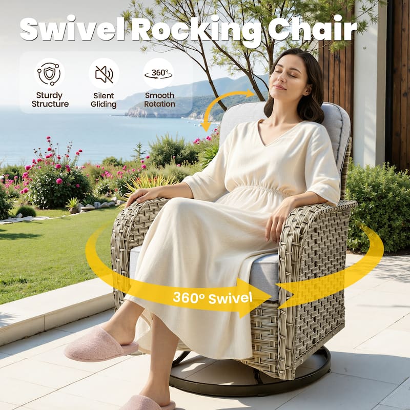 HOOOWOOO 9-piece Wicker Outdoor Furniture Patio Sofa Swivel Chair Set with Fire Pit Table