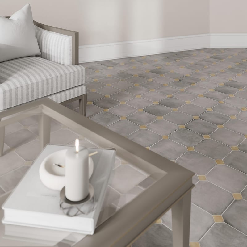 Merola Tile Laverton Octagon Gris with Taco Beige 7-7/8" x 7-7/8" Porcelain Floor and Wall Tile