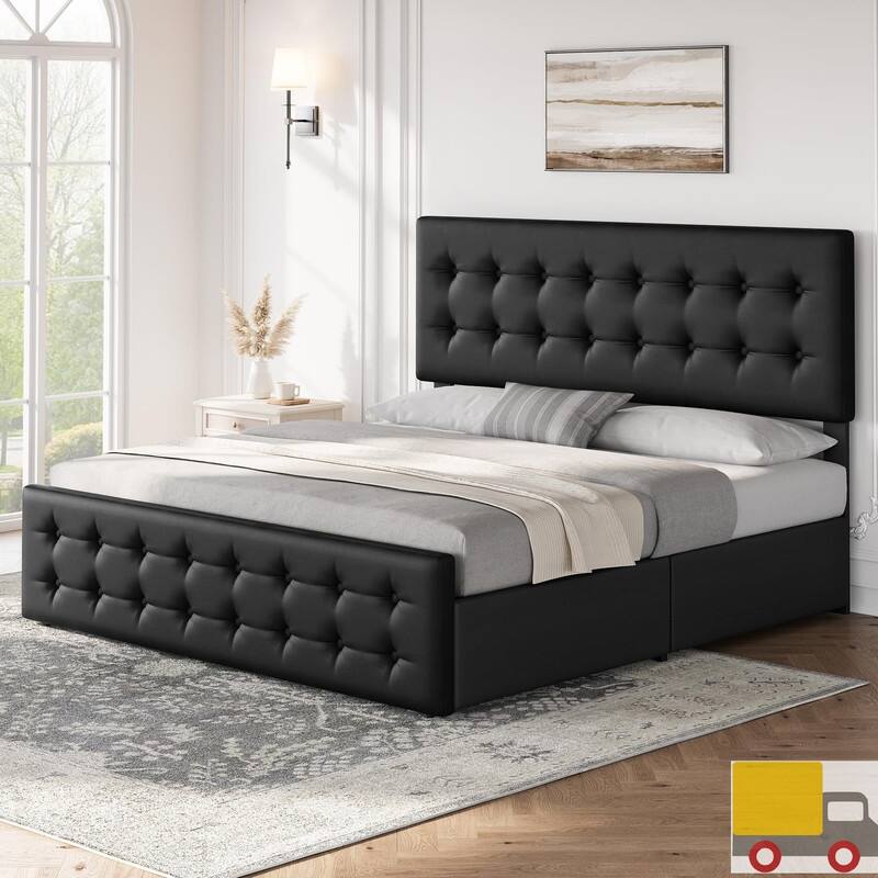 Upholstered Bed with 4 Drawers and Adjustable Button-Tufted Linen Headboard