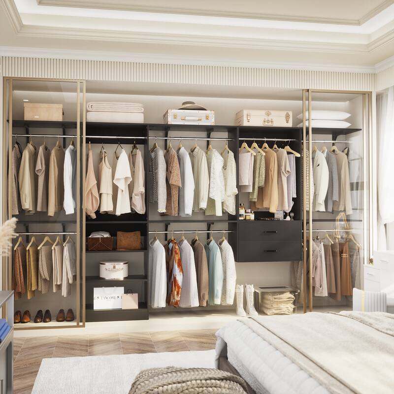 Closet System with 2 Sets, 154'' Walk-in Closet Organizer System with 2 Drawers & 8 Hanging Rods & 6 Reversible Shelf Towers