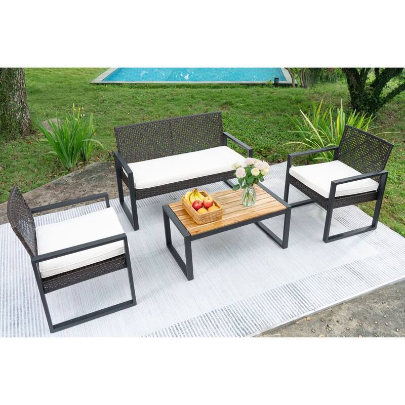 4-Piece Patio Furniture Set Outdoor Balcony Porch Garden Backyard Lawn Furniture Acacia Wood Table Top