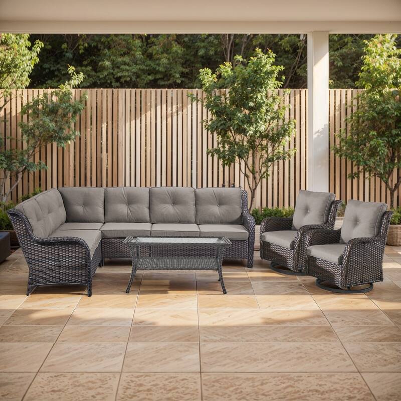 Outdoor Conversation Sets 2 Sectional Sofa Furniture - Sectional Sofa with Table and Swivel Chair - Brown Rattan - Grey Cushion